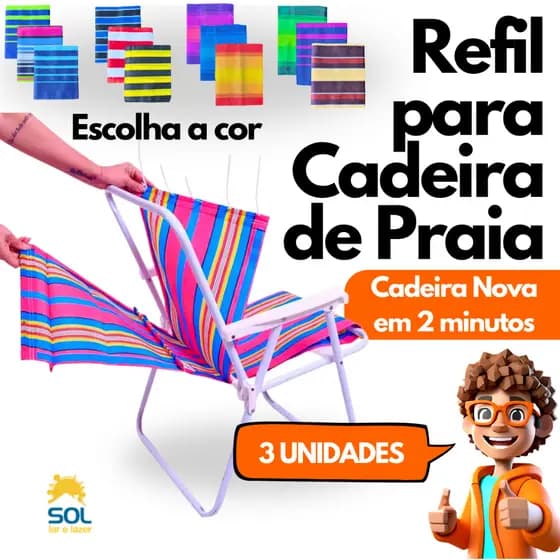 3 Capas Tela Refil Para Cadeira de Praia Troca Fácil Tecido Reforçado Resistente Suporta 120kg