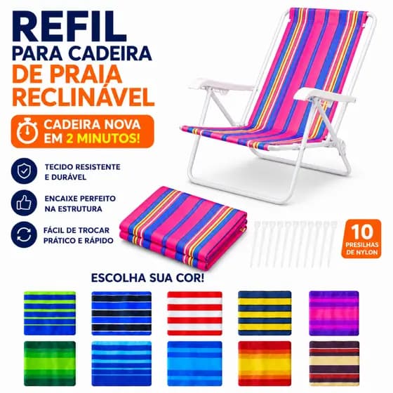 Kit Tela Refil Tecido de Reposição para Cadeira de Praia Reclinável Alta ou Deitar Regulável 2 em 1