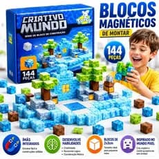 Brinquedo Blocos Magnéticos 144 Peças Infantil – Kit Construção Educativo Mundo Pixel Criativo