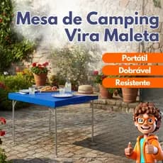 Mesa Portátil de Camping Dobrável Vira Maleta com Encaixe para Guarda-Sol – Suporta 35kg