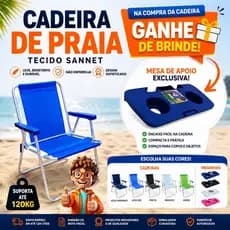 Cadeira Praia Alumínio Tecido Sannet Liso + Mesa de Apoio Porta Copos Celular Chimarrão