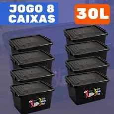Jogo 8 Caixas Cesto 30 Litros Caixa Organizadora Multiuso Pretas Com Tampa e Trava Organizador Preto
