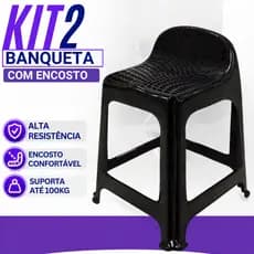 Kit Conjunto De 2 Banquetas Com Encosto Plástico Preto Suporta 100Kg Arqplast Resistentes Reforçadas