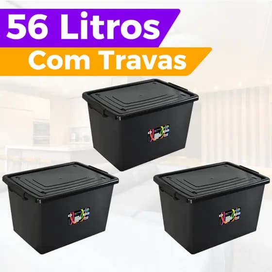 Jogo 3 Caixas Cesto 56 Litros Caixa Organizadora Multiuso Pretas Com Tampa e Trava Organizador Preto