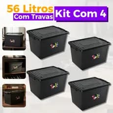Kit Jogo 4 Caixas Cesto 56 Litros Caixa Organizadora Multiuso Pretas Com Tampa e Trava Organizador