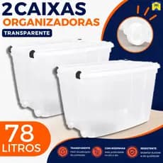 Kit Com 2 Caixas Organizadoras 78 Litros Transparente Com Tampas e Travas Roupas Livros Brinquedos