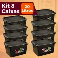 Kit 8 Caixas Cesto 20 Litros Caixa Organizadora Pretas Com Tampa e Trava Organizador Preto