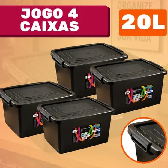 Jogo 4 Caixas Cesto 20 Litros Caixa Organizadora Pretas Com Tampa e Trava Organizador Preto