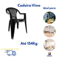Cadeira Poltrona Plastica Preta Resistente Reforçada Suporta 154Kg Para Jardim Bares Festas Comercio