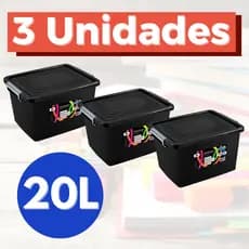 Kit 3 Caixas Cesto 20 Litros Caixa Organizadora Pretas Com Tampa e Trava Organizador Preto