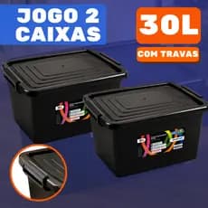 Kit Jogo 2 Caixas Cesto 30 Litros Caixa Organizadora Multiuso Pretas Com Tampa e Trava Organizador