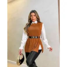 Conjunto  Três Peças  Inverno  Camisa Com Colete  Em Tricô Modal E cinto