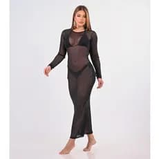 Saida de Praia Vestido Longo Luxo Moda Praia e Verão Feminino Transparente Manga Longa Premium