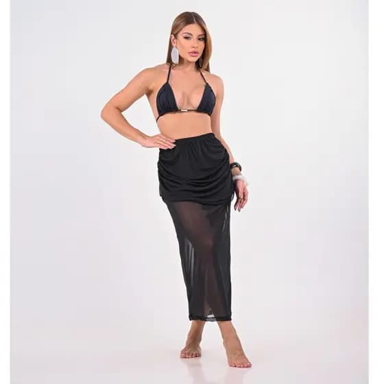 Saida de Praia Saia Longa Feminina Drapeada de Tule transparente Moda Praia e Verão