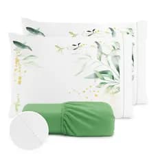 Jogo de Lençol Coumpouse com Fronhas Estampadas – MICROPERCAL 400 FIOS Ponto Palito Flor Verde