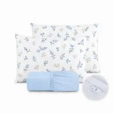 Kit Jogo de Lençol Micropercal  400 Fios Fronha Estampada Floral Azul