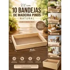 kit com 10 Bandejas de madeira pinus 30x20x4 com o fundo MDF para cesta de café da manha e decoração
