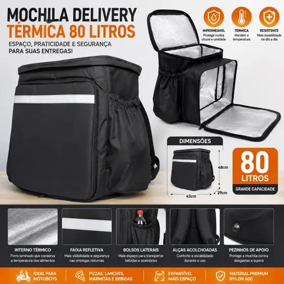 Mochila Delivery 80L Expansiva Térmica Impermeável Motoboy Pizza Bag Ifood Uber Entrega App Food
