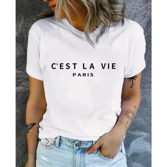 Blusa Feminina Estampa C'est La Vie Paris Minimalista Moderna Casual Algodão