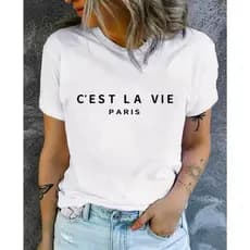 Blusa Feminina Estampa C'est La Vie Paris Minimalista Moderna Casual Algodão