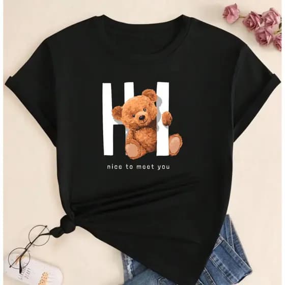 Camiseta Feminina Ursinho Hi Camisa Algodão  Estampada  Casual Premium