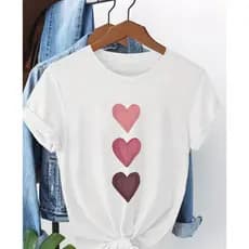 Camiseta Feminina Coração Fofa 100% Algodão Dia A Dia Verão Casual