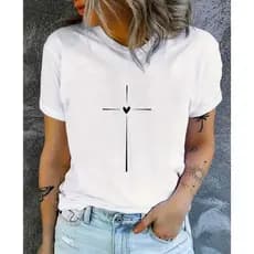 Blusa T-shirt Cruz Coração Confortável 100% Algodão