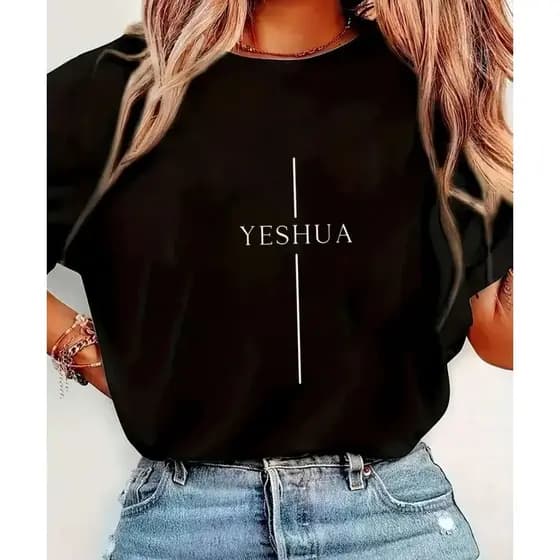 Camiseta Feminina Blusa Estampada Yeshua Cristã Minimalista Cruz Jesus 100% Algodão