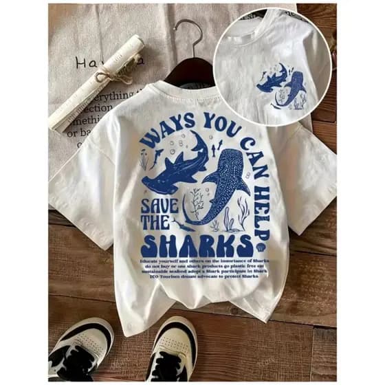 Camiseta Feminina Casual T-shirt Estampa de Oceano Sharks Tubarão