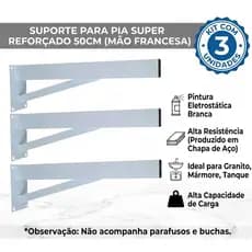 Kit 3 Suporte De Pia 50cm Super Reforçado Mão Francesa Grapa Para Granito Mármore Tanque Bancada