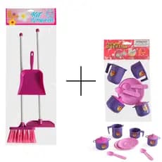 Brinquedo Infantil Menina Vassoura Rodo Pá + Kit Cozinha Infantil Panelinha de Brinquedo Cor Rosa