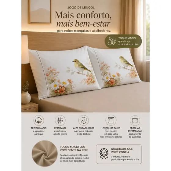 Jogo de Lençol Estampado 3 Peças Cama Solteiro Casal Queen King  400 Fios Micropercal Fronha Quarto Toque Macio