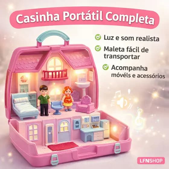 Casa de Boneca Maleta Portátil Luz e Som com Móveis Brinquedo Infantil Menina