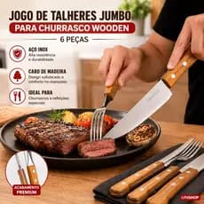 Kit Churrasco 6 Peças Inox Cabo Madeira Conjunto Talheres Profissional Resistente