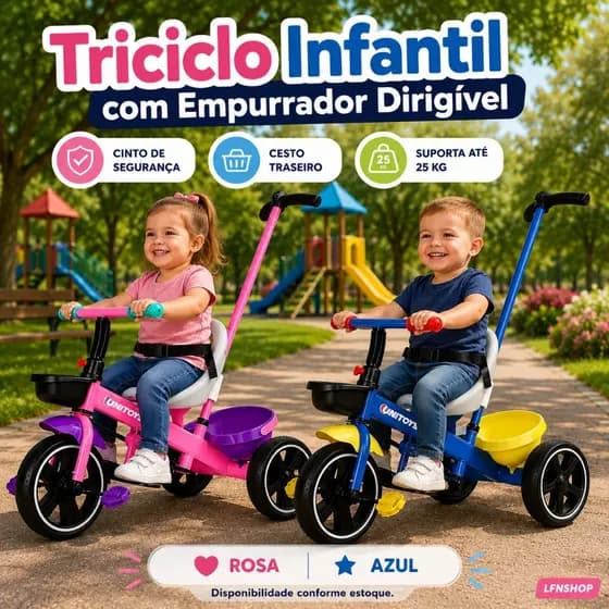 Triciclo Infantil Com Empurrador Dirigível Cadeirinha Cinto Cesto Rosa Azul Até 25kg 3 anos+