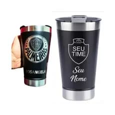 Copo Térmico 470ml Preto Personalização a Laser Nome + Time – Bebida Quente e Fria