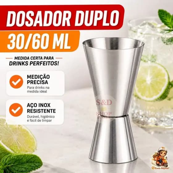 Copo Dosador Duplo Inox 30/60ml Bartender Medidor para Drinks Caipirinha Coquetéis Bar