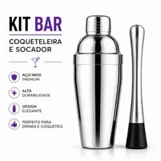 Kit Coqueteleira com Socador Inox - Drinks - Caipirinhas e Coquetéis em Casa ou Bar - Profissional