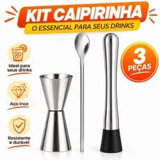Kit Bar Caipirinha 3 Peças Inox com Dosador Duplo, Colher 20cm e Socador para Drinks Kit Bartender
