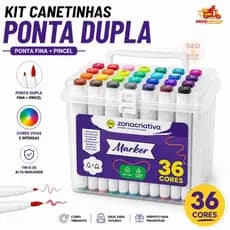 Kit Canetinhas Marcador Ponta Dupla 24 e 36 Cores Com Estojo - À BASE DE ÀGUA