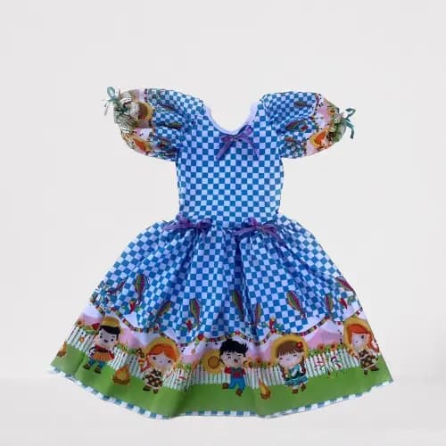 TRAJE CAIPIRA PARA FESTA JUNINA QUADRICULADO AZUL DANÇA QUADRILHA INFANTL MENINA