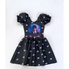 VESTIDO WANDINHA ADDAMS  INFANTIL TEMÁTICO PERSONAGEM TERROR FESTA MÃOZINHA TERROR HALLOWEEN