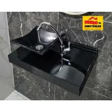 Pia de Banheiro com Bancada Preta Mármore Sintético/ Lavatório/ Cuba/ Lavabo/ Suspenso