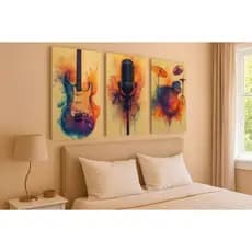 Quadro Decorativo Música Guitarra Microfone Bateria Kit 3 Peças Para Quarto Músico Musicista