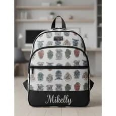 Mochila Personalizada Casas de Hogwarts | Nome Bordado | Estilo Mágico para Escola e Passeios