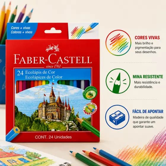 Lápis De Cor Faber Castell Escolar 24 Lapis Ecolapis Max Resistente Original