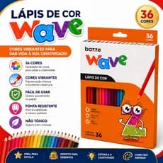 Lápis de Cor Bazze Wave 36 Cores Sextavado Escolar Não Tóxico