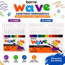 Canetinha Hidrográfica Bazze Wave 12 OU 24 Cores Lavável Escolar Desenho e Pintura