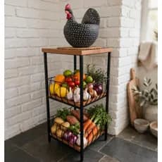 Fruteira de Chão 70cm Rústica Industrial Porta Frutas Suporte Legumes Verduras Cozinha Ferro e Madeira Decoraçãoo