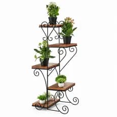 Floreira de Chão Articulada 5 Andares Suporte para Plantas Vasos Jardim Varanda Ferro e Madeira Rústica